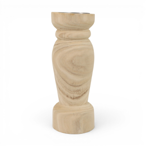 Corinth natural wood candle holder with visible grain, rounded detailing and a metal candle plate
